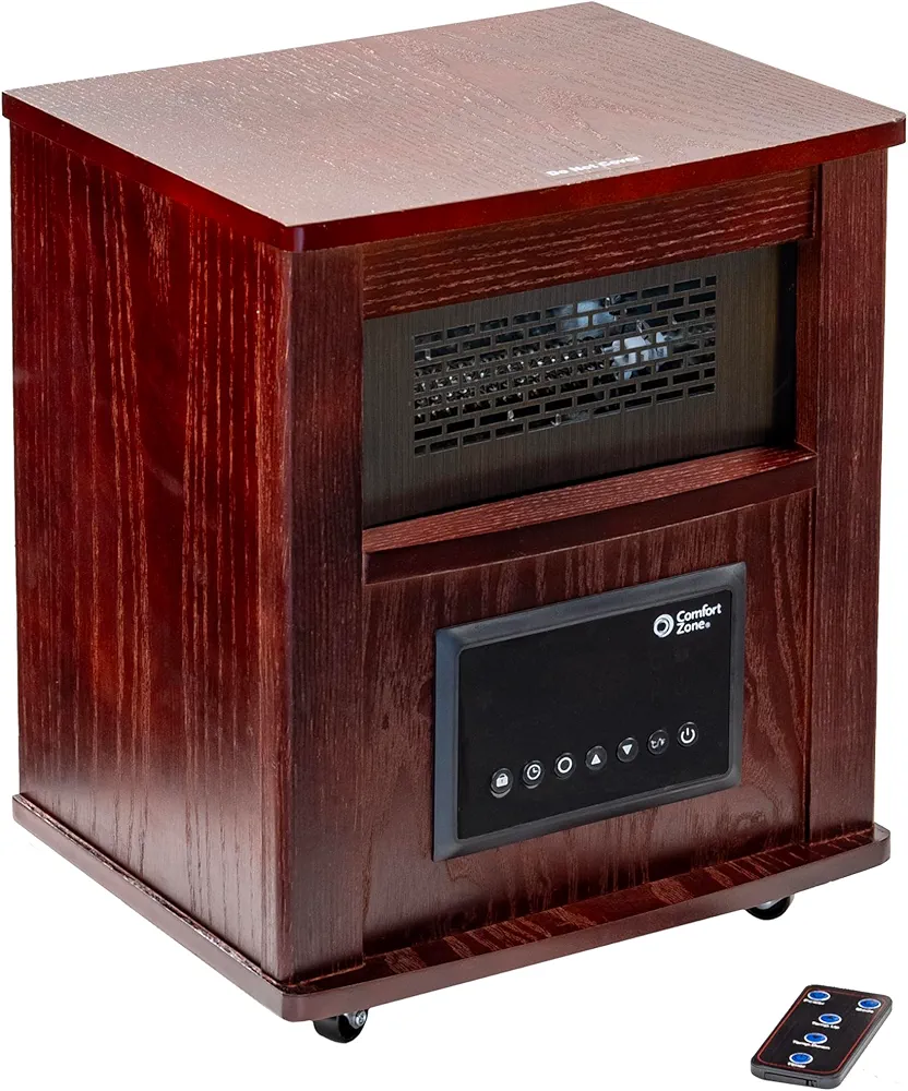 Comfort Zone Wood Cabinet Space Heater with Remote, 16 inch, Adjustable Thermostat, Digital Display, Overheat Protection, Electric, Infrared Quartz, Ideal for Home, Bedroom, & Office, 1,500W, CZ2032C