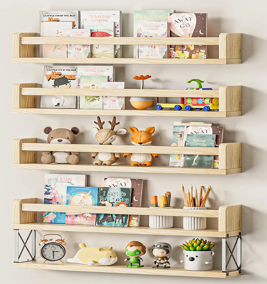 Nursery Book Shelves Set of 4+1, 24inch Floating Wall Bookshelf for Kids, Natural Solid Wood Book Shelf Organizer for Baby Nursery Room, Wall Shelves for Bedroom, Toy Storage Shelves