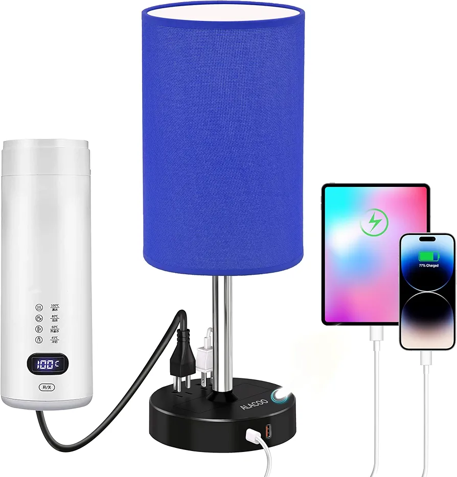 Bedside Lamp Touch Control Table Lamp with USB C + A Charging Port & 2AC Outlet 3-Way Dimmable Bedside Nightstand Lamps with Round Flaxen Fabric Shade for Living Room, Bedroom, Dorm, Home Office Decor