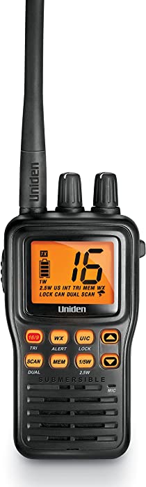 Uniden MHS75 Waterproof Handheld 2-Way VHF Marine radio, Submersible, Selectable 1/2.5/5 Watt Transmit Power. All USA/International and Canadian Marine Channels - Color Black