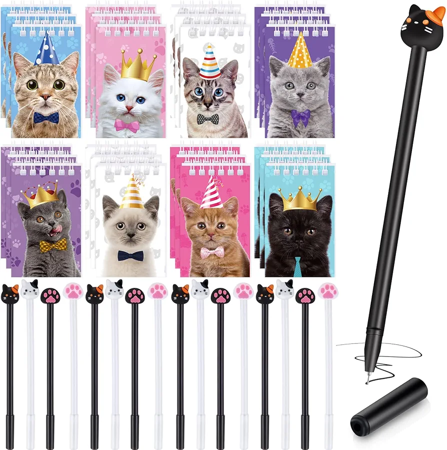 48 Pcs Cat Party Favors Cat Animal Mini Notebook and Cat Ballpoint Pens Pet Cat Stationery Set Cat Pocket Notepad with Pens for Kids Pet Party Cat Birthday Party Classroom Reward Gift(Animal)