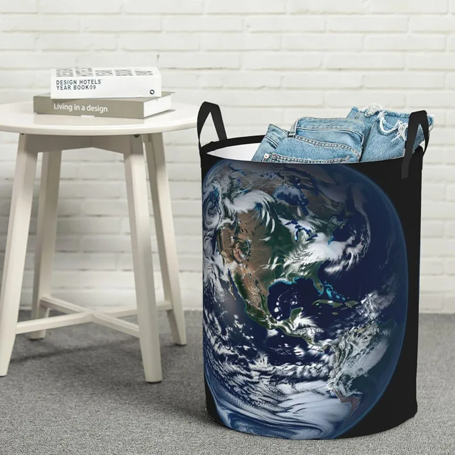 Laundry Basket Waterproof Laundry Hamper With Handles Dirty Clothes Organizer Blue Marble Earth Print Protable Foldable Storage Bin Bag For Living Room Bedroom Playroom, Small, Black