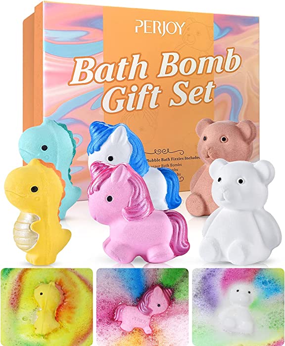 Perjoy Bath Bombs, Natural Bath Bomb Gift Set, 6 Bubble Bath Bombs for Women Kids, Dinosaur Bear Unicorn Fizzies, Shea Butter Spa Moisturize, Handmade Birthday Valentines Mothers Day Gifts for Her/Him