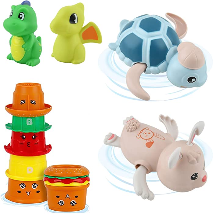 Gizmovine Baby Bath Toys, NO Mold Bath Toy for Toddler Kids Girls Boys, Pool Floating Bathtub Toys Set with 5 Stacking Cups, 2 Sprayer Water Dinosaur Toys, 2 Animal Splash Toy