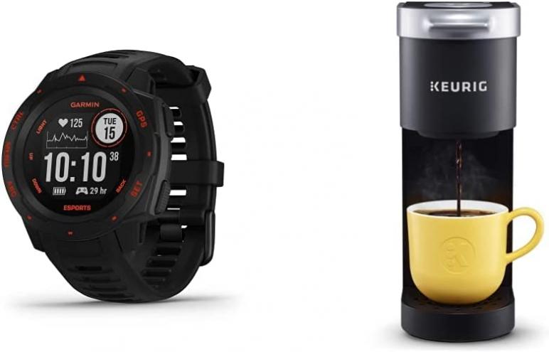 Garmin Instinct Esports Edition, GPS Gaming Smartwatch & Keurig K-Mini Coffee Maker, Single Serve K-Cup Pod Coffee Brewer, 6 to 12 oz. Brew Sizes, Black