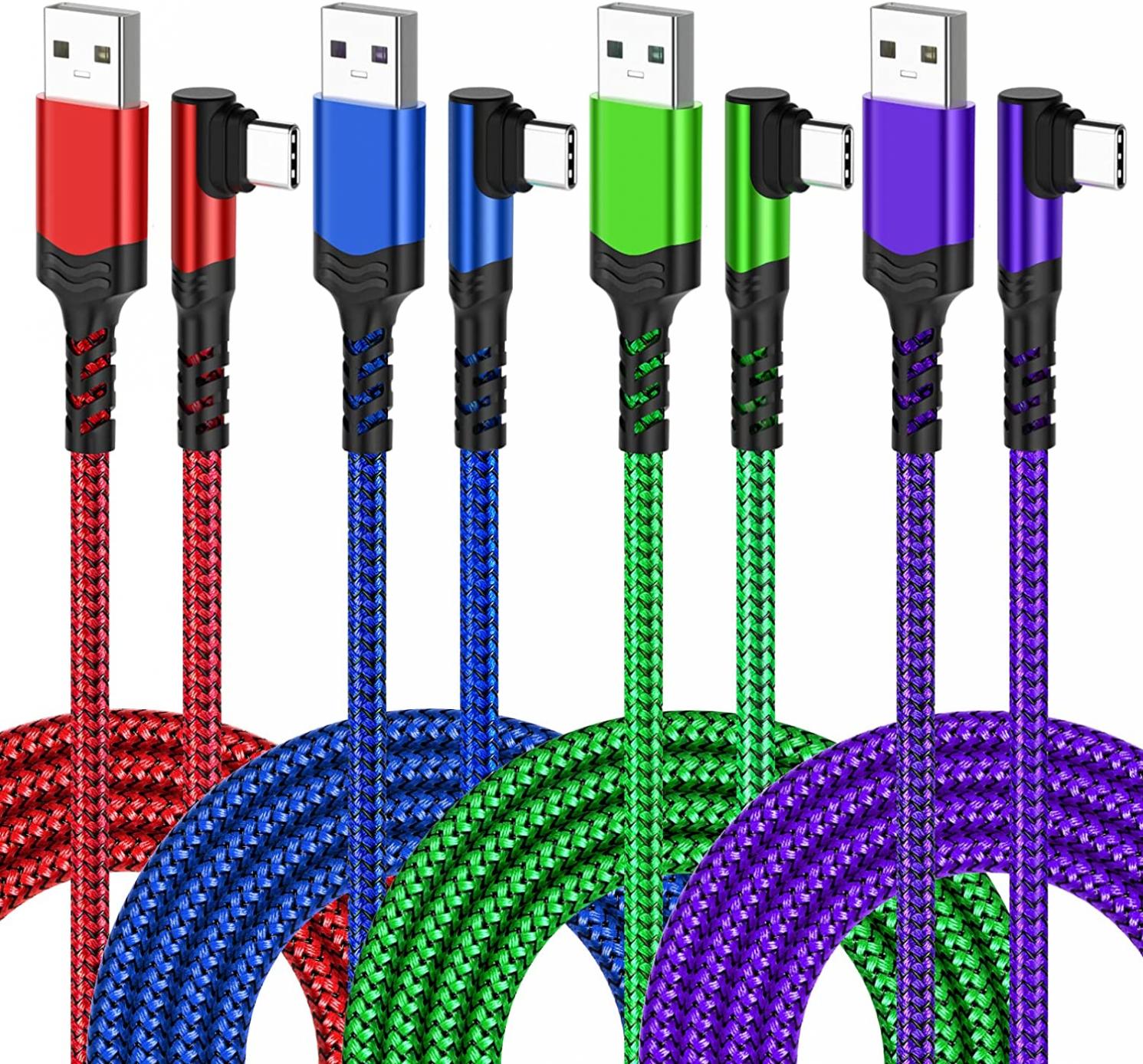 USB C Cable 10Ft, Agtray 4-Pack Long Braided USB a to USB c Cable 90 Degree Plug Type C Fast Charge Cable Right Angle Cord Compatible for Samsung Galaxy S22 S21 S20 Note 20 10 - Red Blue Purple Green