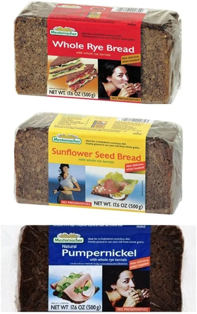 Mestemacher Natural High Fiber Bread 3 Flavor Variety Bundle: (1) Whole Rye, (1) Pumpernickel, and (1) Sunflower Seed, 17.6 Oz. Ea. (3 Total)