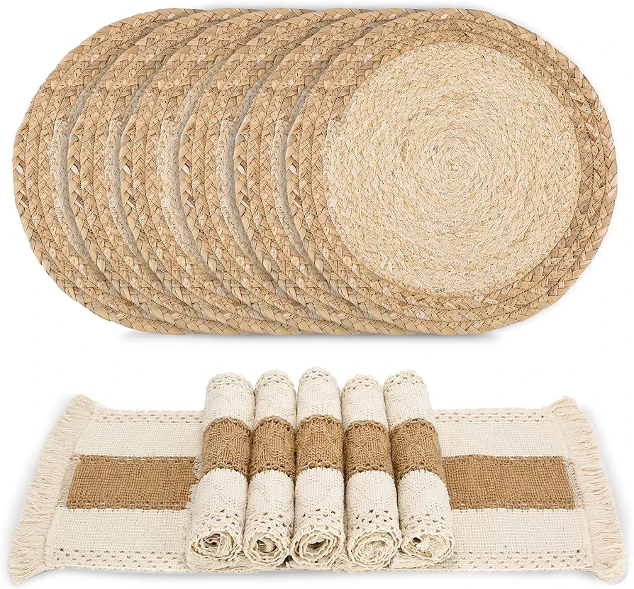 Handmade Boho Placemats Set of 6 - Natural Cotton Burlap and Water Straw Woven Combination Table Mats, Macrame Décor and Farmhouse Style Placemats, for Dining Table Kitchen