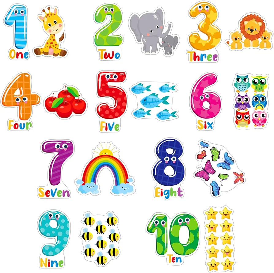 FLYAB Numbers Wall Stickers 5 Sheets Learning Educational Number Wall Decals Peel and Stick Animal Wall Decals Stickers for Kids Toddlers Classroom Playroom Daycare Nursery Bedroom Decorations