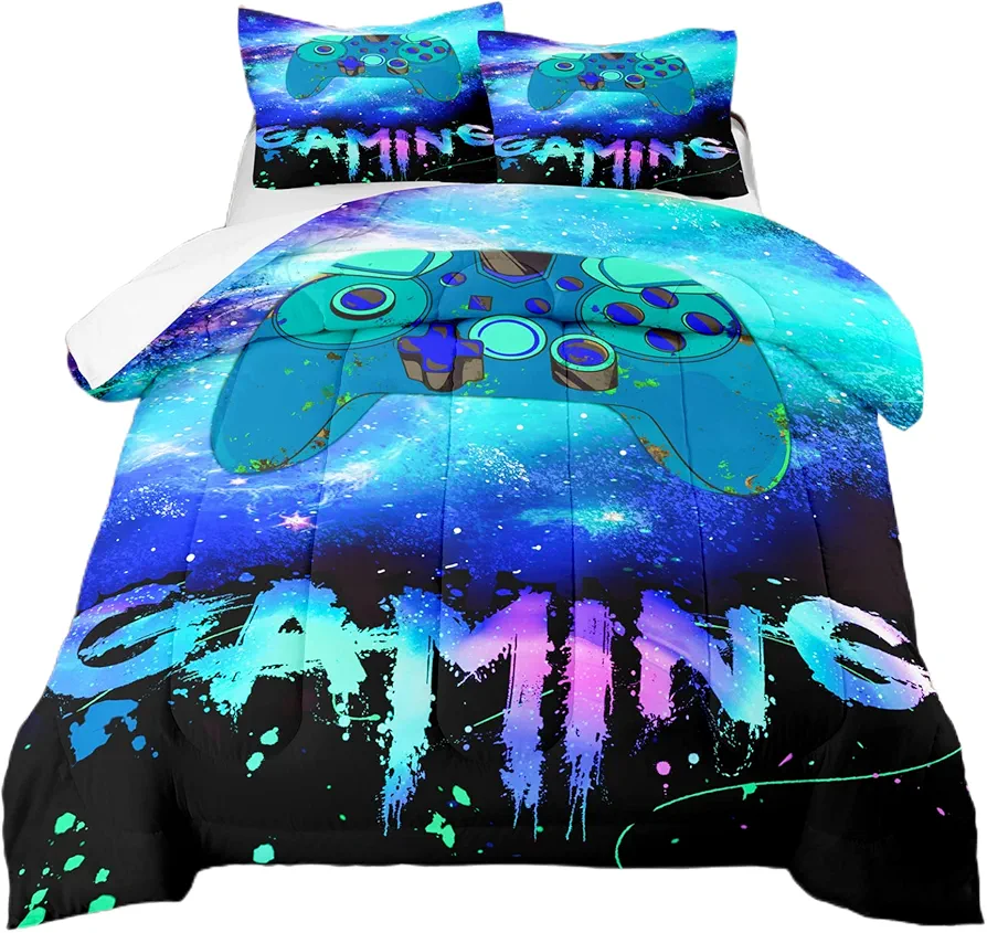 Gaming Comforter Sets for Boys Girls Kids Teens Gamer Bedding Sets Gamer Room Decor Video Games Pattern Design Soft Microfiber 2 Piece Twin Size Bed Set-Includes 1 Comforter & 1 Pillowcases ​