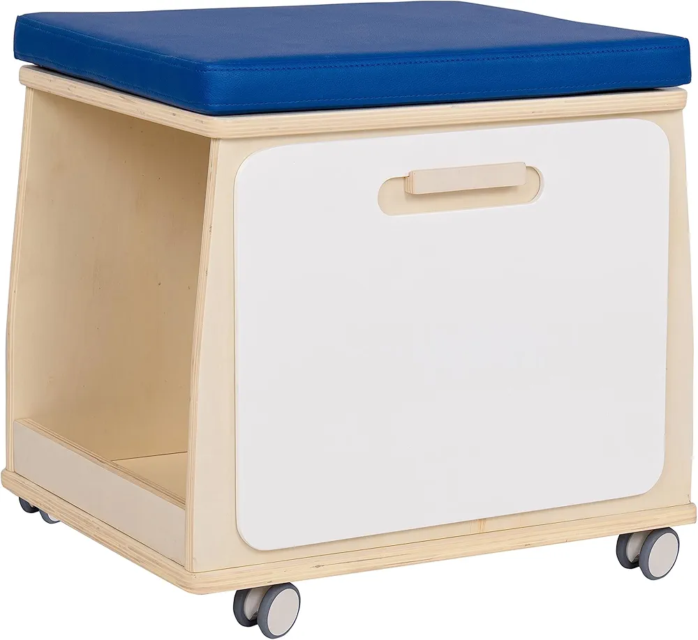 Angeles Mobile Teacher Stool with Storage, Birch-Ply Wood, Blue Cushion, Kids Playroom and Classroom Must Haves