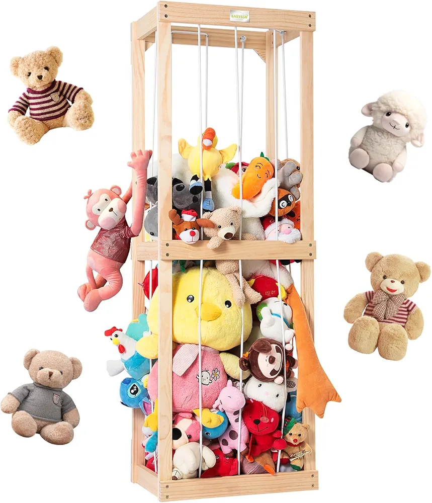 Stuffed Animal Zoo Storage, Wood Zoo Animals Storage Toy Holder, 60" Floor Stuffed Animal Organizer with Bold Elastic Rope, Ideal Zoo Cage for Nursery, Play Room, Bedroom