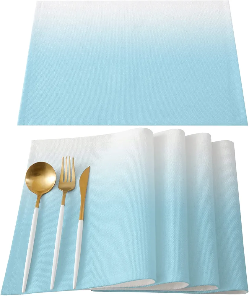 Placemats Set of 6,Colored Placemat,Oil Painting Style Table Mat,Polyester Fabric Placemat for Decorating Living Room and Kitchen Table(12" x 19"/Light Blue and White)