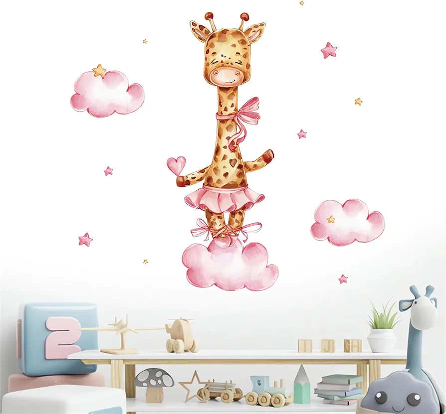 Cute Pink Baby Giraffe Wall Stickers, sacinora Love Pattern Cloud Cartoon Animal Wall Decals Removable Vinyl Peel and Stick for Kids Baby Nursery Bedroom Playroom Toddler Room Art Decorations