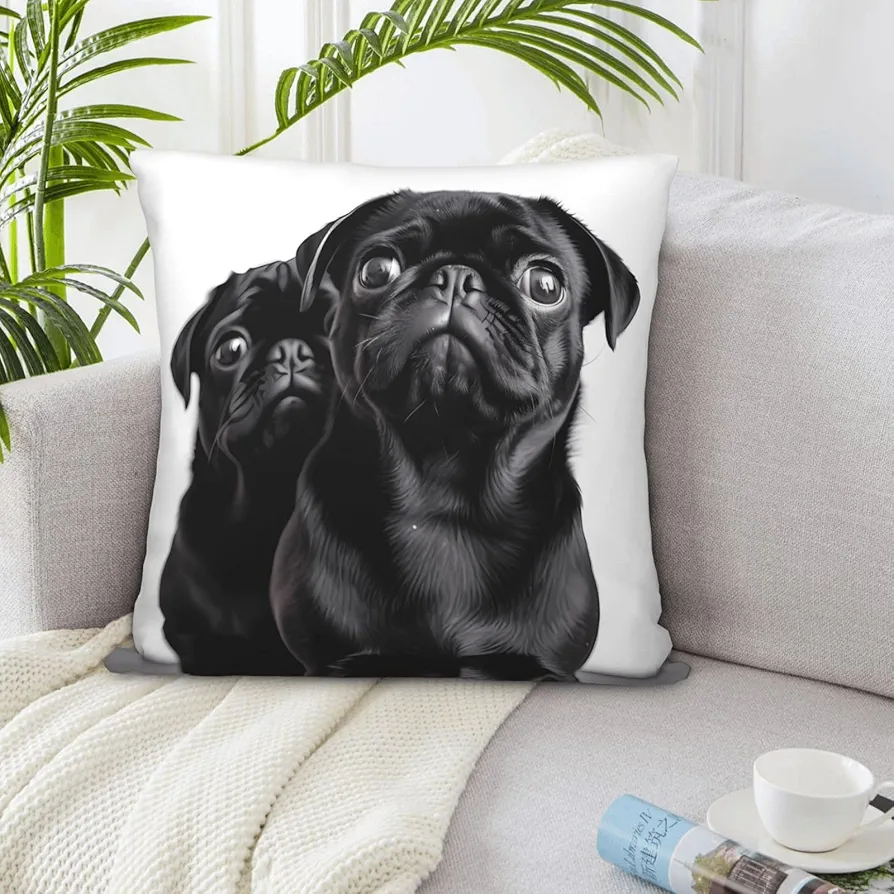 Decorative Throw Pillow Covers 20"x20" Double Sided Pillow Covers for Sofa Cute Black Pug Dog1 Couch Throw Pillow Cases Soft Plush Cushion Case Square Cushion Cover for Living Room