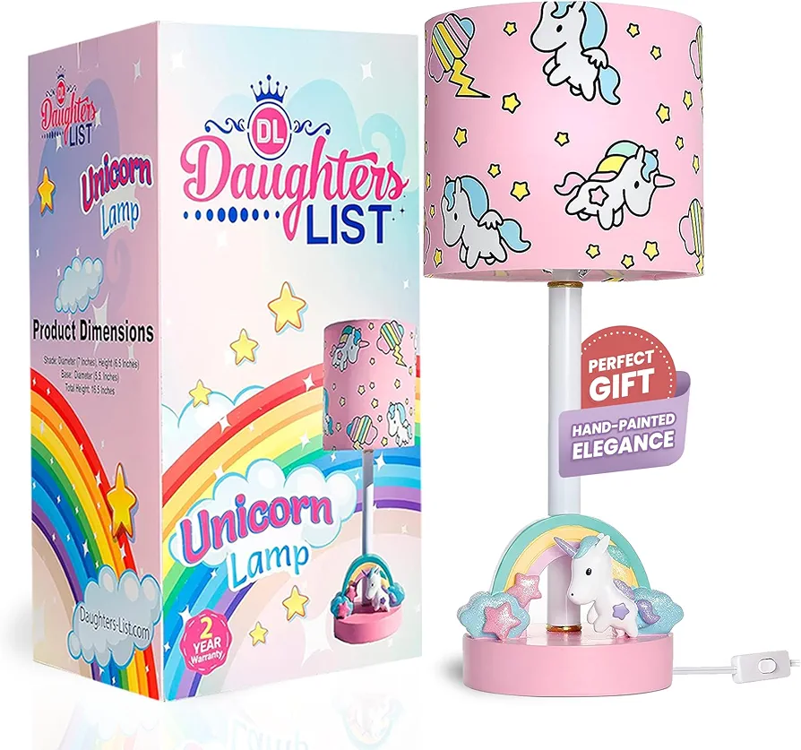 Pink Unicorn Rainbow Lamp - Handpainted LED Nightstand Light for Girls Bedroom - Glitter Shades w/Gift Box - Unicorn Decor for Kids - Small Bedside Table Lamp w/Bulb - Ages 1-15