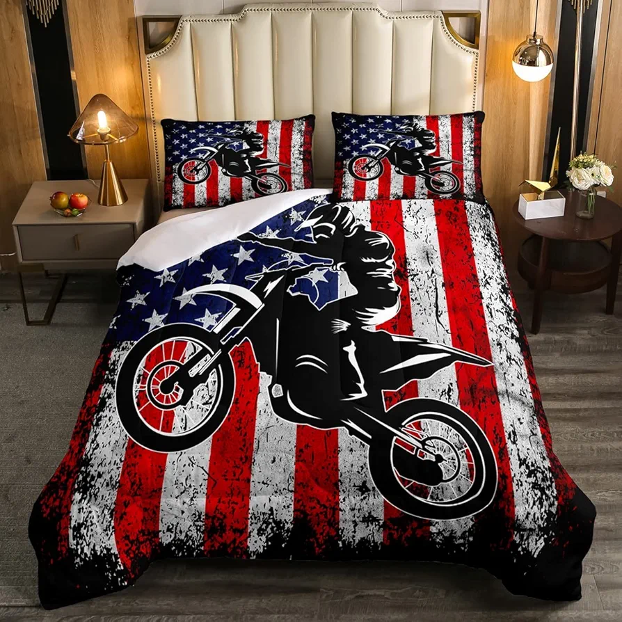 Dirt Bike Comforter Set Full Motocross Comforter Retro American Flag Bedding Set for Kids Boys Teens Men Grunge Room Decor,Extreme Sports Tie Dye Bed Set Motor Biker Motorcycle Quilt Duvet Set 3 Pcs