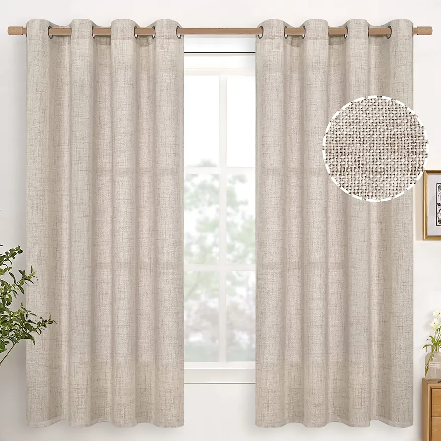 YoungsTex Natural Linen Curtains 63 Inch Length 2 Panels Bronze Grommet Linen Textured Short Window Drapes Light Filtering for Living Room Bedroom, 52 X 63 Inch