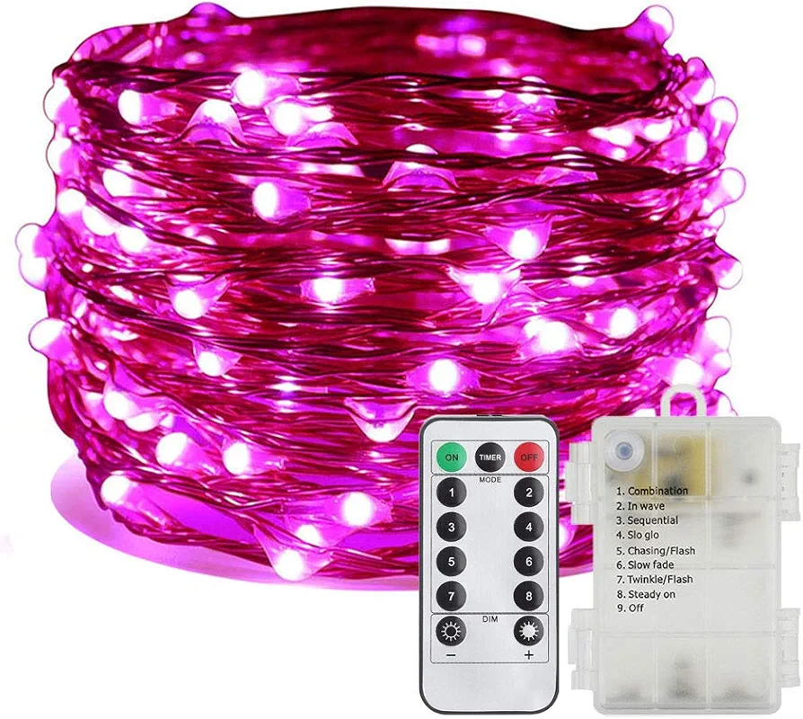 ER CHEN Battery Operated Fairy Lights, Waterproof 8 Modes 100 LED String Lights 33 ft Copper Wire Twinkle Firefly Lights with Remote Timer for Indoor Outdoor Decor (Pink)