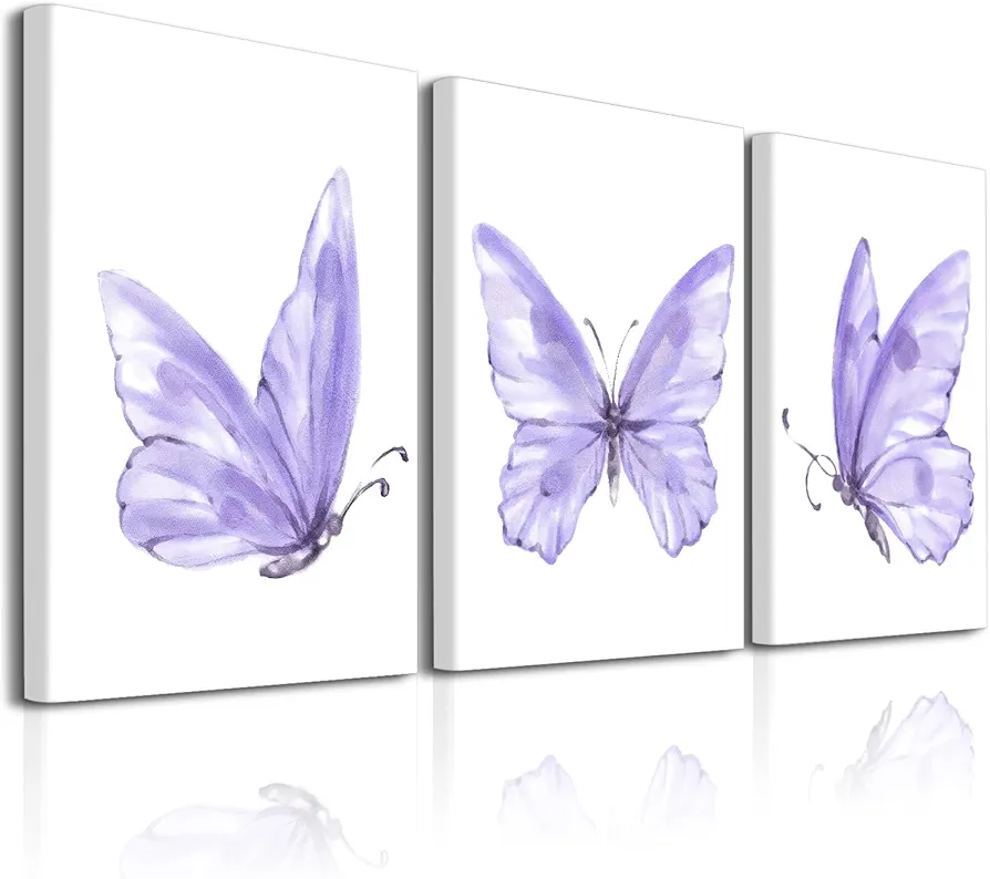 Butterfly Wall Art Prints Decor - Set of 3 purple room decor Poster with Framed Colorful Butterfly Wall Art Canvas Poster for Girls Bedroom Nursery Home Decor Gift (Purple)