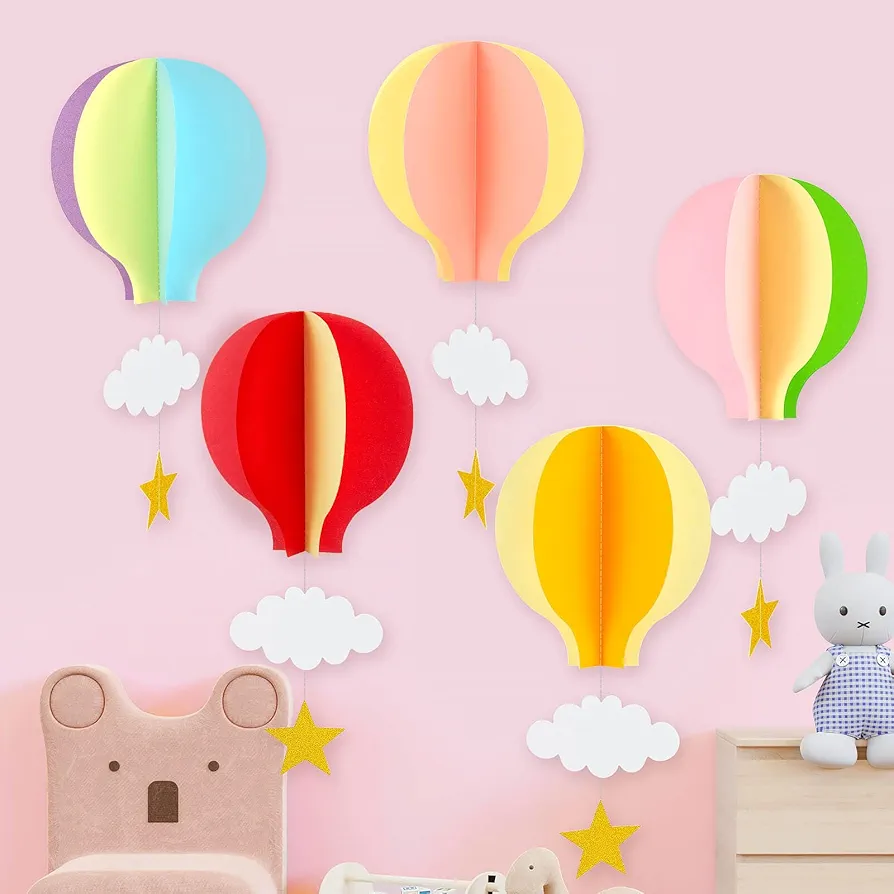 Colorful Fantasy Hot Air Balloon Hanging Paper Decorations Garland Pack of 5 Big Size with Clouds Stars for Kids room, Baby Shower, Birthday party, Wedding part