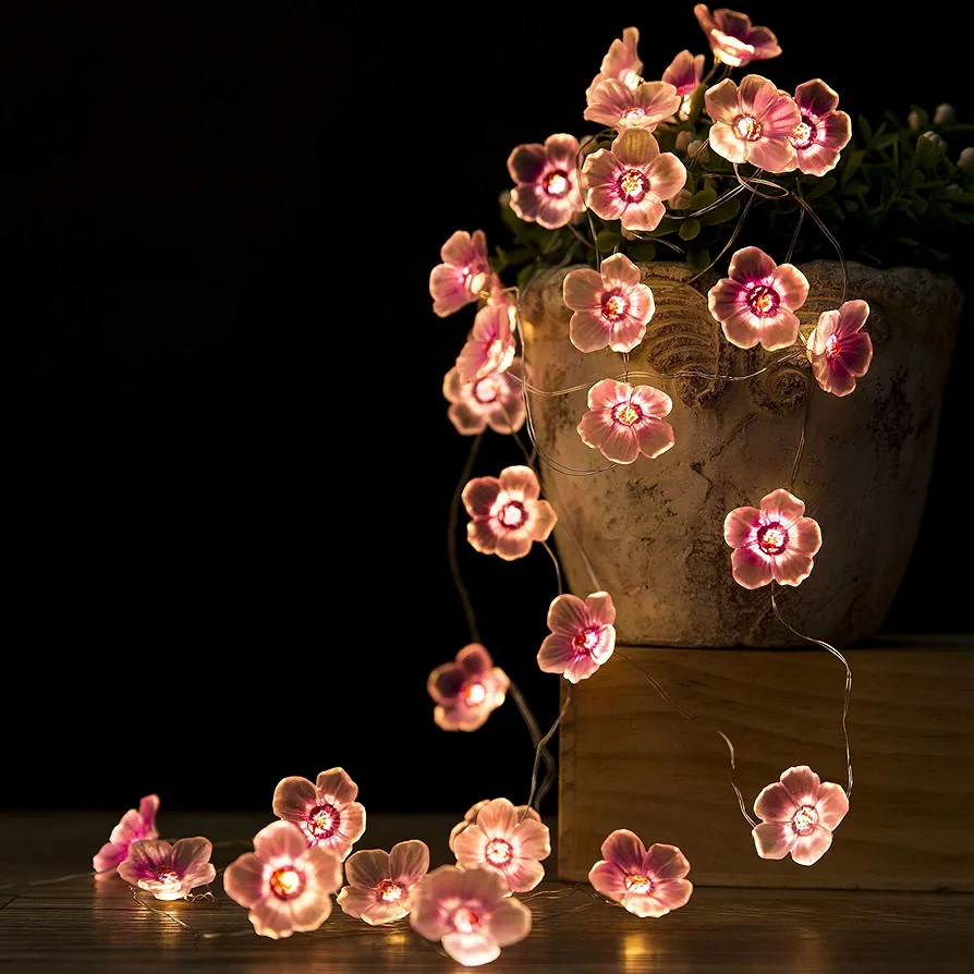 Flower String Lights Fairy Pink Cherry Blossom String Lights Battery Operated 10ft 30 LEDs for Kids Girls Bedroom, Christmas, Spring, Garden, Wedding, Indoor Outdoor Decoration