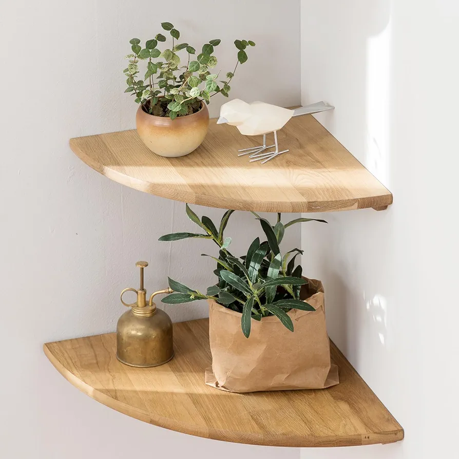 Corner Shelves, Floating Corner Shelf, Set of 2 12inch Solid Oak Wood Corner Wall Shelves, Round End Wall Mount Display Shelf with Wire Hole for Bedroom Kitchen, Living Room