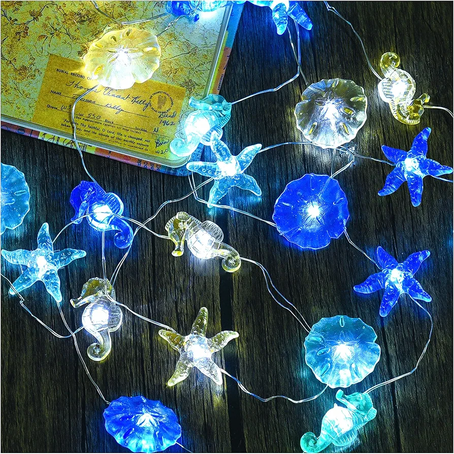 Ocean Themed String Lights, 10FT 30 LED Starfish Seahorse Beach Decorative Lights, USB & Battery Powered Fairy Lights with Remote Timer for Bedroom Birthday Party Wedding Decor