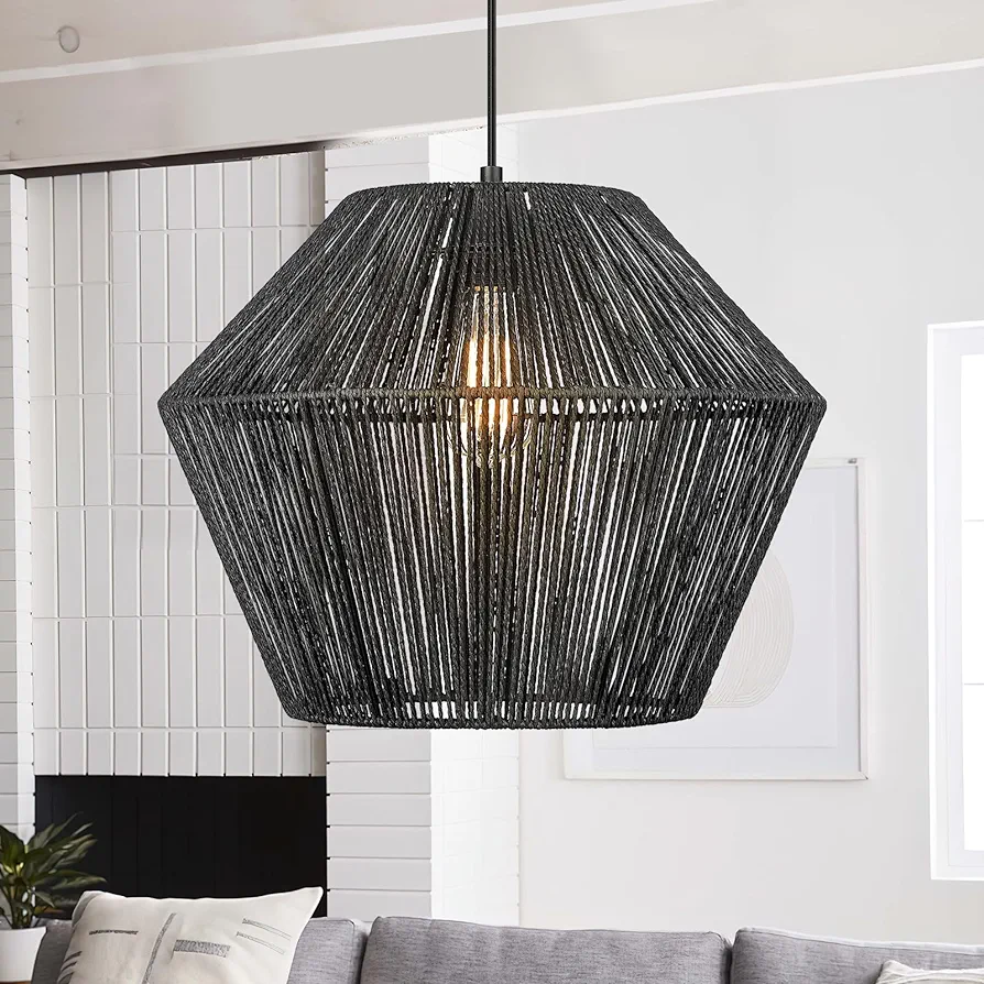 ELYONA Large Modern Woven Chandelier, 16.5" Farmhouse Coastal Pendant Light Fixtures Matte Black Handwoven Rattan Basket Shade Boho Pendant Hanging Lamp for Kitchen Dining Room Bedroom Foyer Hallway