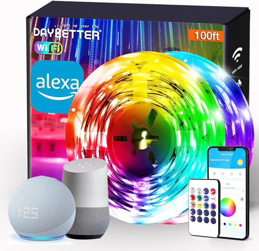 DAYBETTER Smart WIFI Led Lights 100ft - Led Strip Lights Work with Alexa and Google Assistant RGB Strip Lighting Music Sync Color Changing with App Voice Remote Control for Room Bedroom Decor 50ft*2