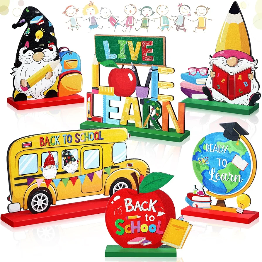 6 Pcs Back to School Party Decorations Wooden First of School Centerpieces Welcome Back To School Table Decor Ready to Learn Table Toppers for School Classroom Party Favor Supplies Photo Props