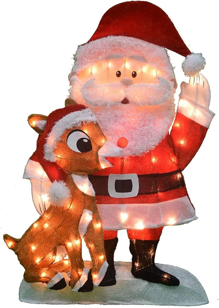 ProductWorks Pre Lit Fabric Santa Claus and Rudolph 2D Outdoor Holiday Lawn Ornament Christmas Yard Decoration with 70 Clear Lights and Stand