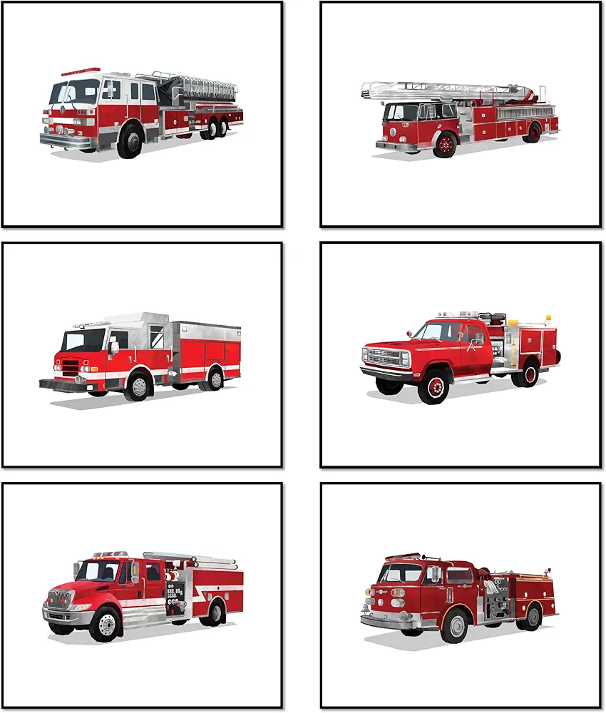 Fire Trucks Boys Room Decor Posters – Unframed Set of 6 (8 x 10 Inch) – Boys Room Decor, Posters for Boys Kids Toddler Room Bedroom Playroom Nursery, Cars Theme Birthday Decorations Gift, Vintage and