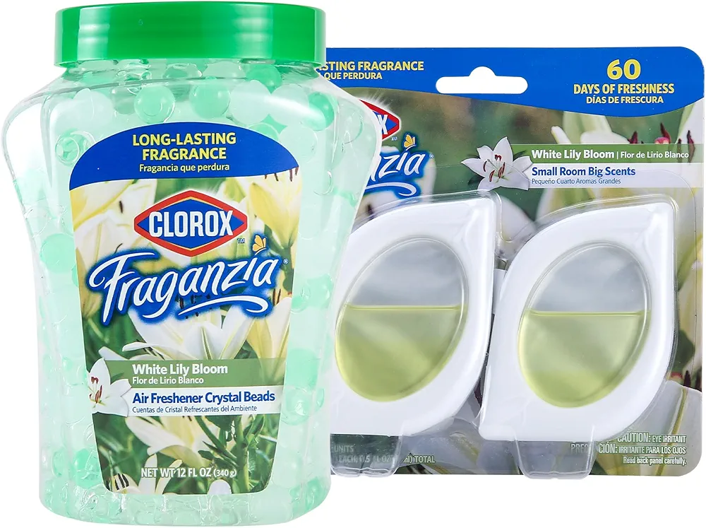 Clorox Fraganzia Air Freshener Bundle: White Lily Bloom Crystal Beads (12oz) & Small Room Air Fresheners (2ct) for Long-Lasting Freshness in Every Space