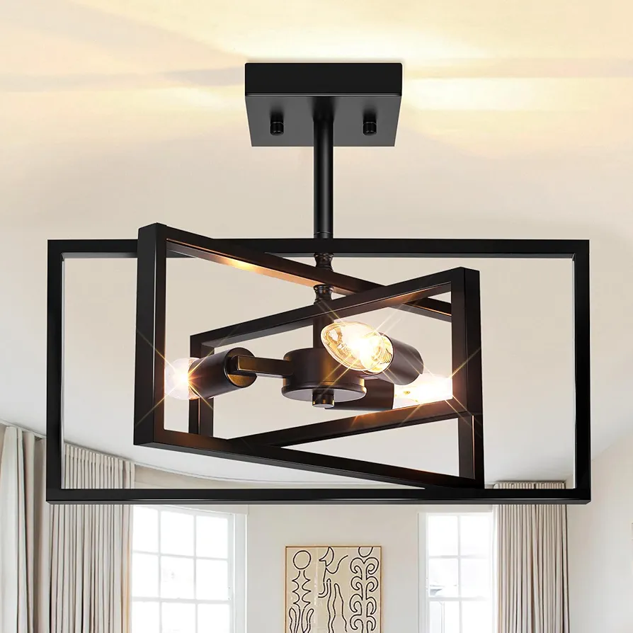 3-Light Farmhouse Semi Flush Mount Ceiling Light Fixture, Rustic Vintage Ceiling Lighting Black Metal, Industrial Ceiling Lamp for Hallway Kitchen Bedroom Dining Room Entryway Foyer