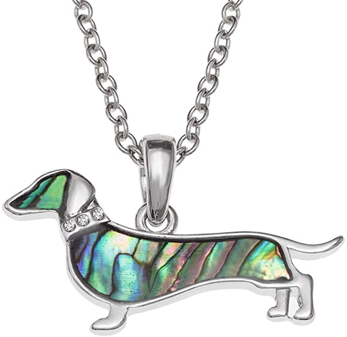 Talbot Fashions Tide Jewellery Inlaid Green Paua Super Cute Dachshund Necklace Pendant