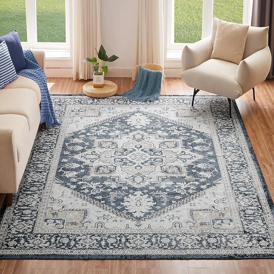 VK VK·LIVING Machine Washable Rug 5'x7' Vintage Design Washable Area Rugs with Non Slip Rugs for Living Room Bedroom Traditional Woven Rug Carpet Stain Resistant Home Decor Office Boho Rug (RoyalBlue)