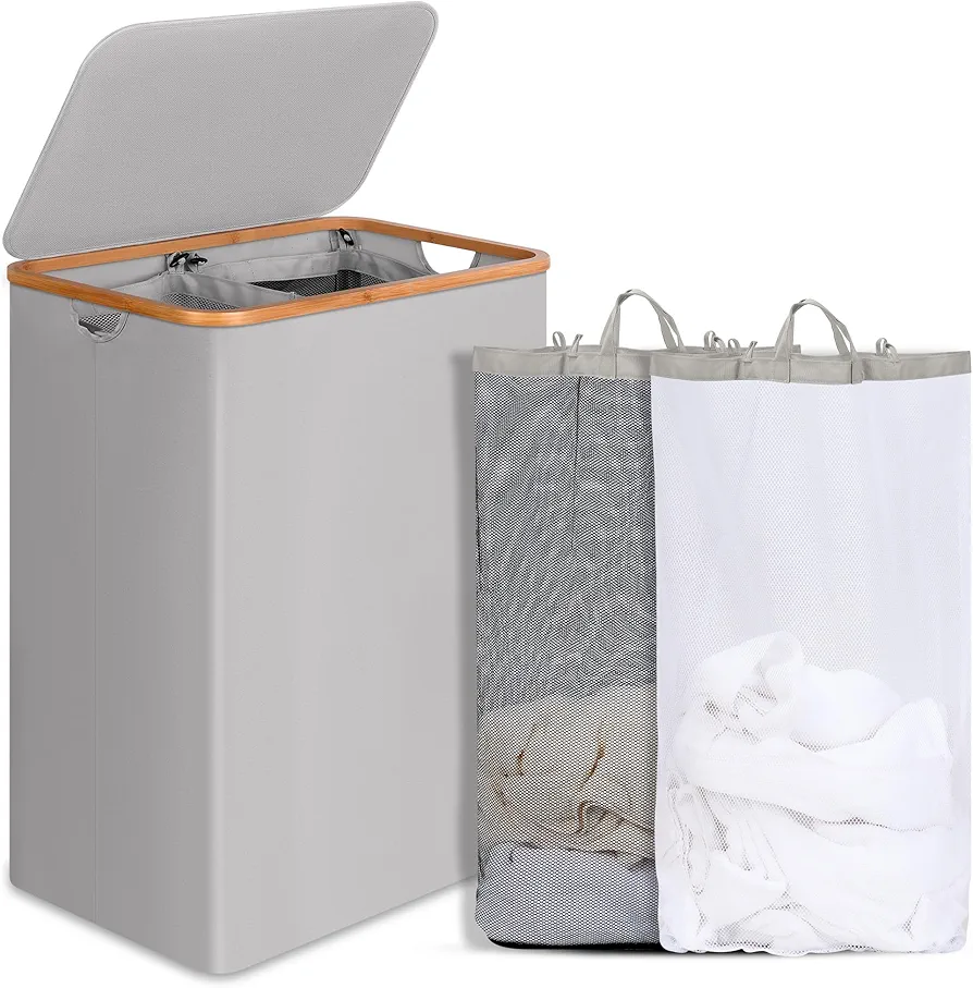 Double Laundry Hamper with Lid, Divided Laundry Hamper with Removable Bags, 2 Section Dirty Clothes Basket with Handles for Bathroom, Bedroom & Laundry Room, 160L Dove Gray