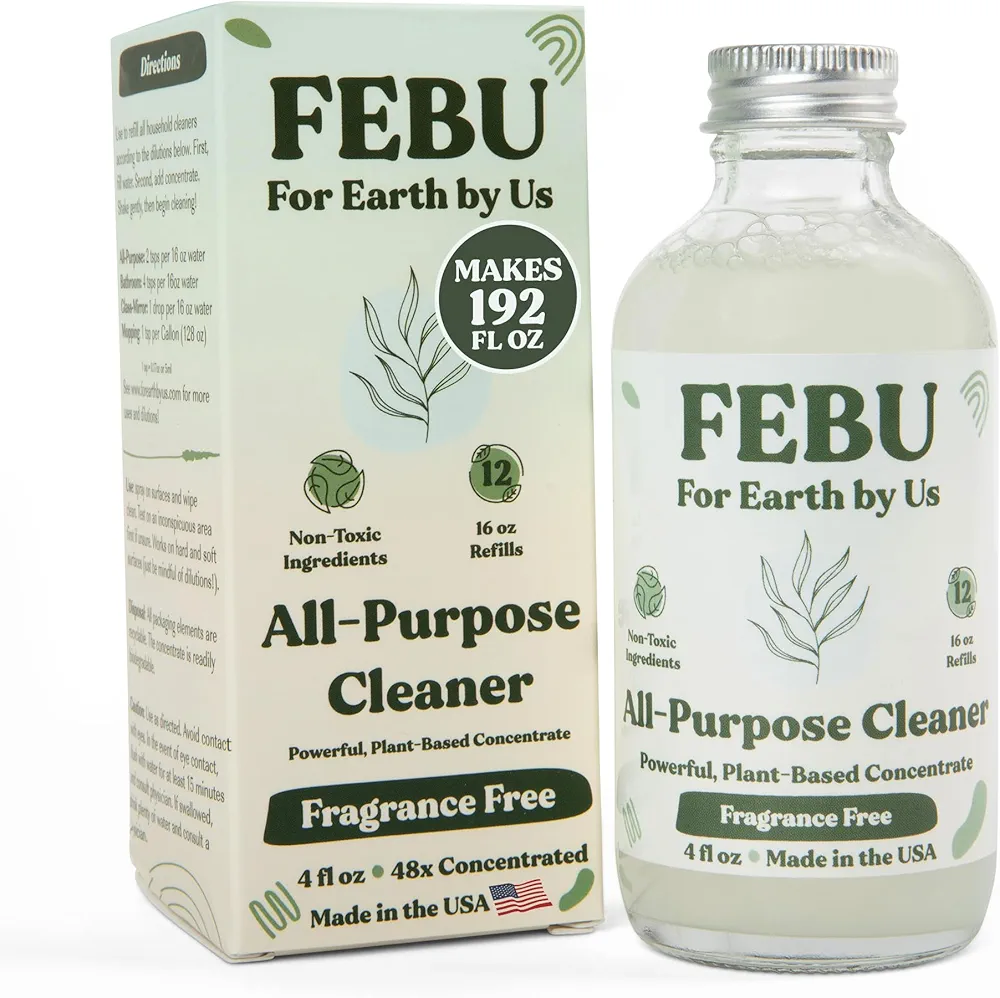 FEBU All Purpose Cleaner, Fragrance Free, 4oz | Powerful Natural Cleaner Concentrate With Essential Oils | Makes 192 Fl Oz of Multipurpose Cleaner | Plant-Based, Human Safe Ingredients | Plastic Free