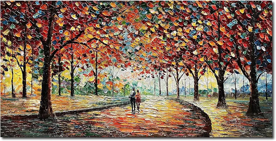 Diathou Art 24x48 Inch Hand-Painted Landscape Oil Painting Wall Art Lovers Stroll along The Park Path Oil Painting Living Room Bedroom Wall Decoration