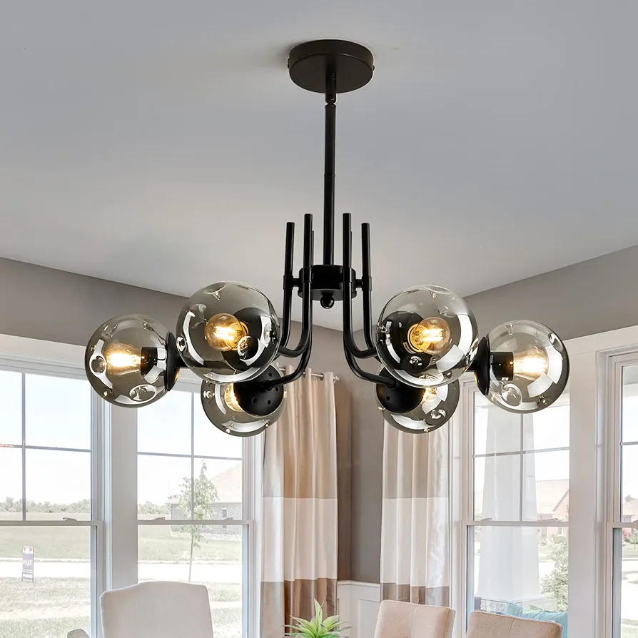 6-Lights Glass Globe Sputnik Chandeliers Modern Metal Ceiling Light Fixture Black Semi Flush Mount Chandelier for Living Room Dining Room Bedroom Farmhouse Kitchen.