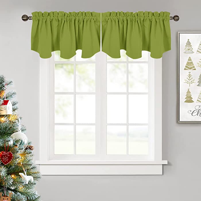 NICETOWN Farmhouse Valance for Kitchen Window - 52 inches by 18 inches Thermal Insulated Scalloped Rod Pocket Kitchen Curtain Tiers Drapery Panel for Home Decor, Green, 1 Panel