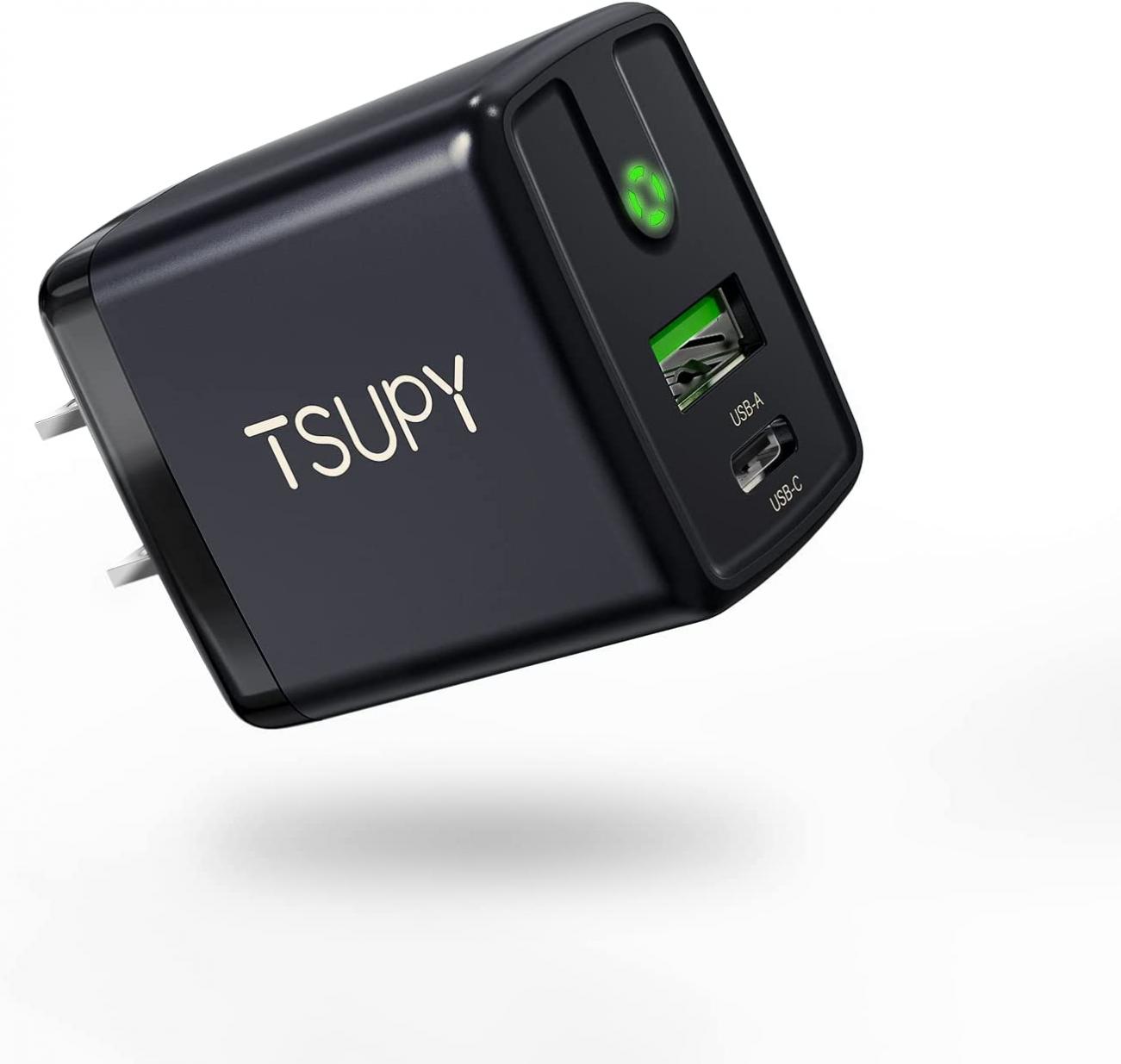 USB C Wall Charger, TSUPY 20W Portable Black USB C Dual Port Fast Charger Block Compatiable for iPhone 11 / XS/XR/7/6S/6 Plus,Samsung S22 S21,Pixel and More.