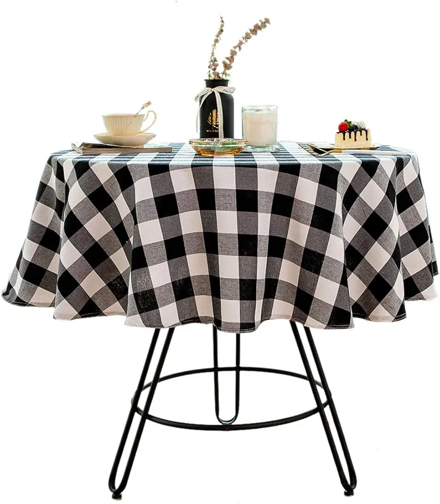 Cotton Linen Buffalo Plaid Round Tablecloth Checkered Round Table Cover for Farmhouse Dining Room Kitchen Home Decor ( Round - 60 Inch, White & Black )