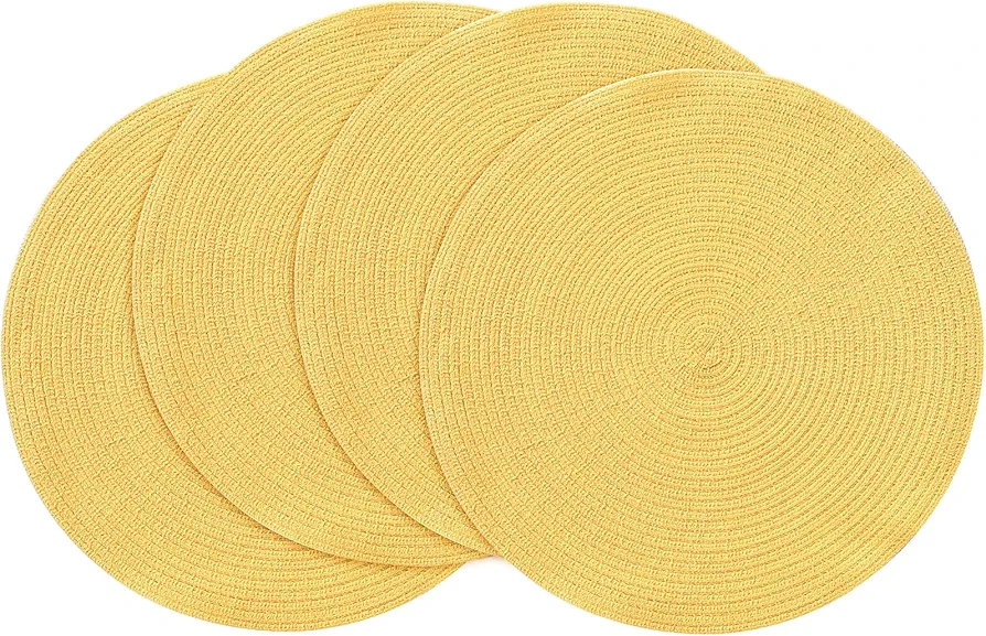 Floroom 15 Inch Round Braided Placemats Set of 4, Washable Heat Resistant Cotton Polyester Circle Place Mats for Kitchen Dining Table - Yellow