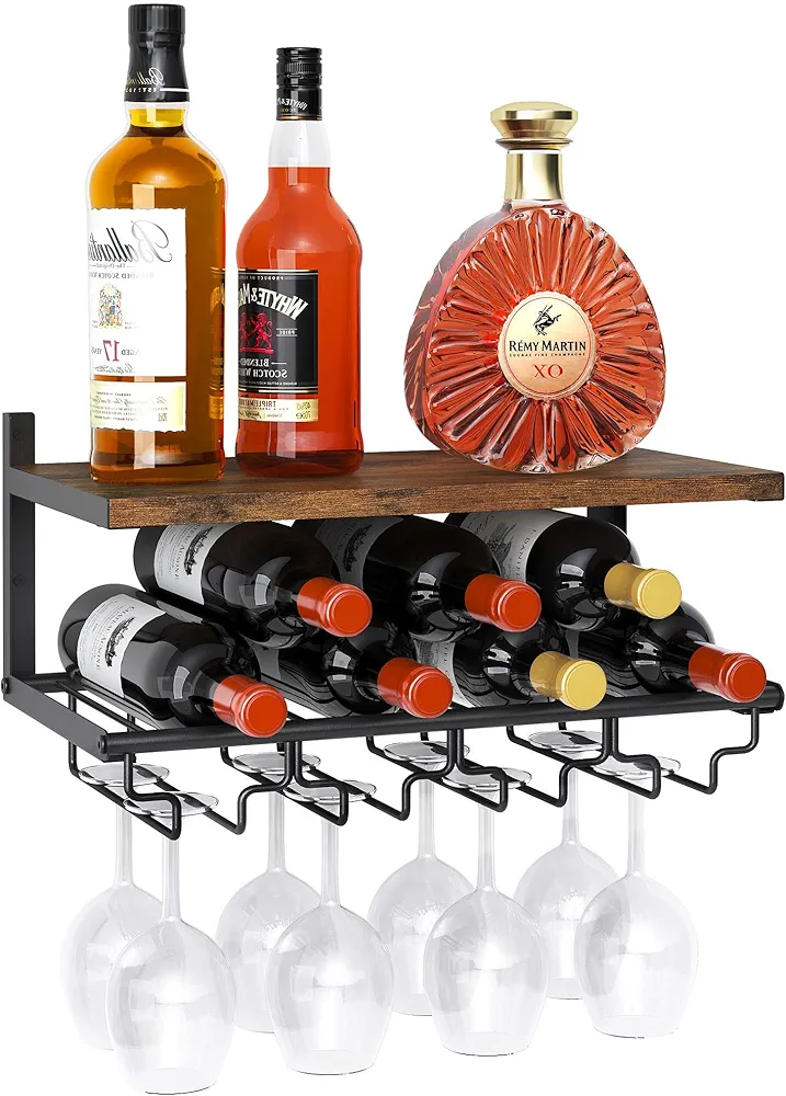 2 Tiers Wine Rack Wall Mounted with Wine Bottle Holder & Wine Glass Rack, Bar Shelves for liquor bottles, Hanging Wine Rack, Wine Storage Display Rack Shelf for Home Bar,Dining Room,Kitchen,Rustic