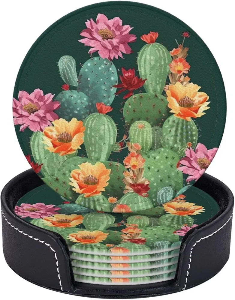 Coasters for Drinks 6 Pcs Round Leather Coasters Cactus Floral Bloom Drink Coasters with Holder Waterproof Coaster Sets Heat Resistant Cup Pads Mug Cup Mats for Kitchen Bar Living Room Home Decor