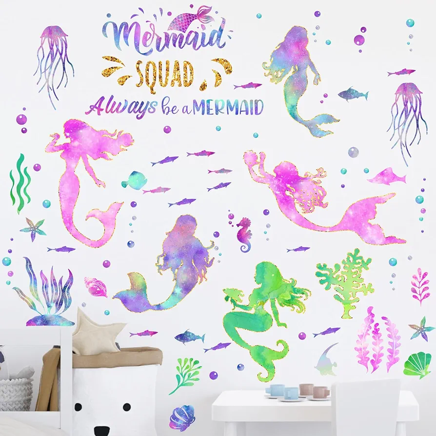 2 Sheets Large Mermaid Wall Decals Girls Glitter Wall Decals Mermaid Bedroom Wall Peel Stickers Mermaid Waterproof Wall Decor for Bedroom Bathroom Living Room Classroom Birthday Party