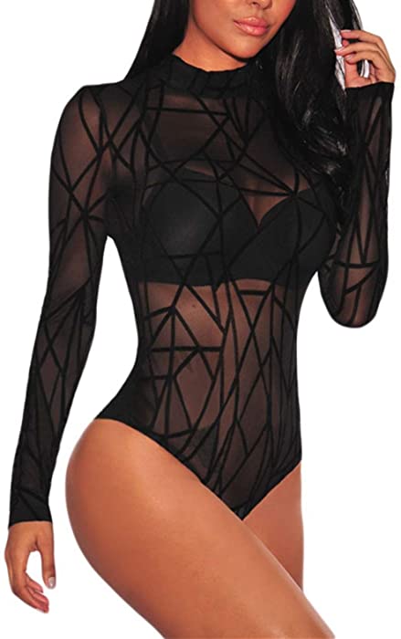 JomeDesign Women Black Sheer Mesh Long Sleeve Jumpsuit Bodysuits