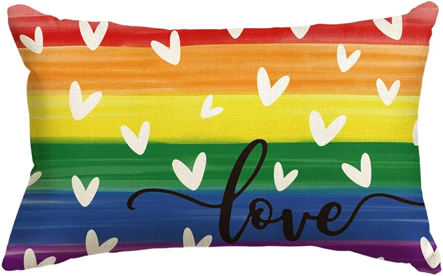 AVOIN colorlife Rainbow Pride Love Heart Throw Pillow Cover, 12 x 20 Inch LGBTQ Community Gay Pride Lesbian Party Cushion Case Decoration for Sofa Couch